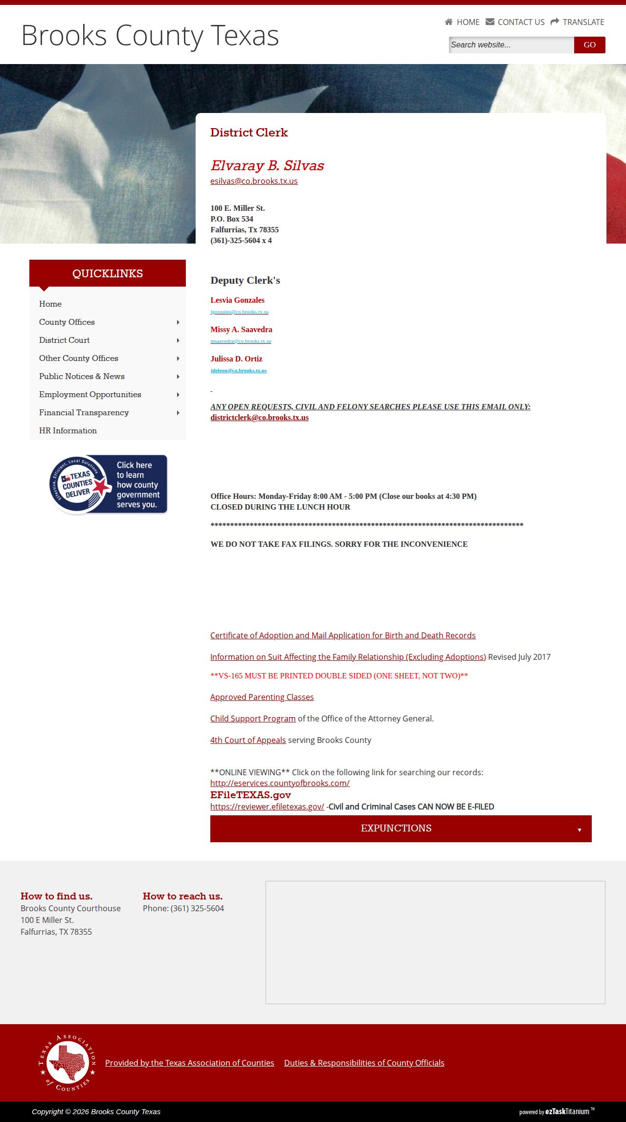 Brooks County booking-record request source on the Brooks County District Clerk page